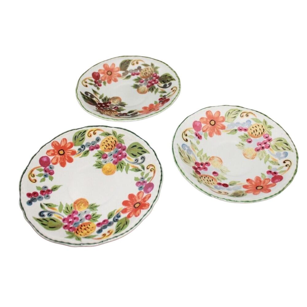 Steubenville Harvest Saucer Set of 3 , Multicolor Fruit& Flowers 1950s VTG